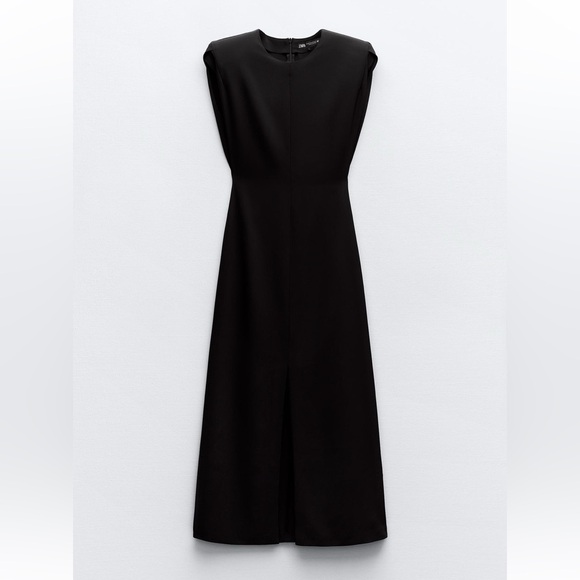 ZARA Shoulder Pad Crepe Midi Dress Black Fitted waist shoulder pads Size S NWT - Picture 5 of 16